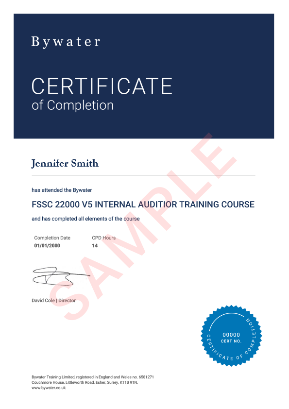 FSSC 22000 V5 Internal Auditor Certificate