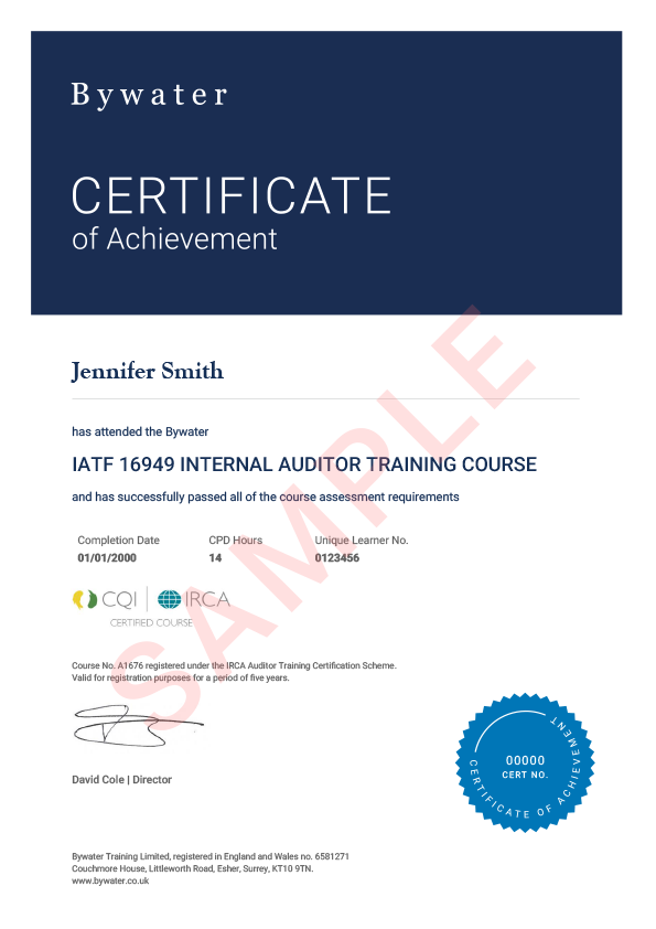 IATF 16949 Internal Auditor Certificate