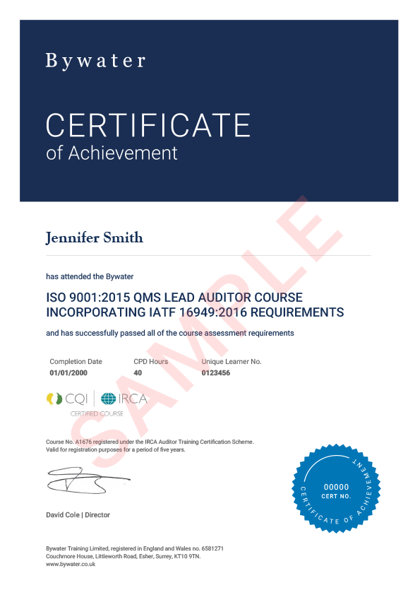 IATF 16949 Lead Auditor Certificate 