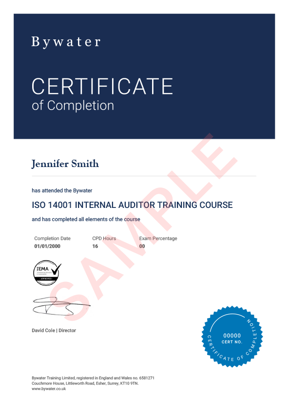ISO 14001 Internal Auditor Certificate