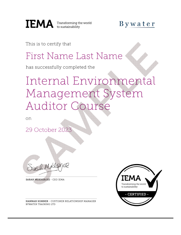 IEMA Certified Internal Environmental Management System Auditor Certificate 