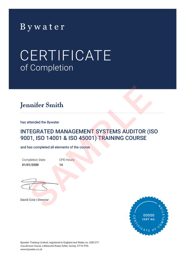 Integrated Management Systems Auditor (ISO 9001, ISO 14001 & ISO 45001) Certificate 