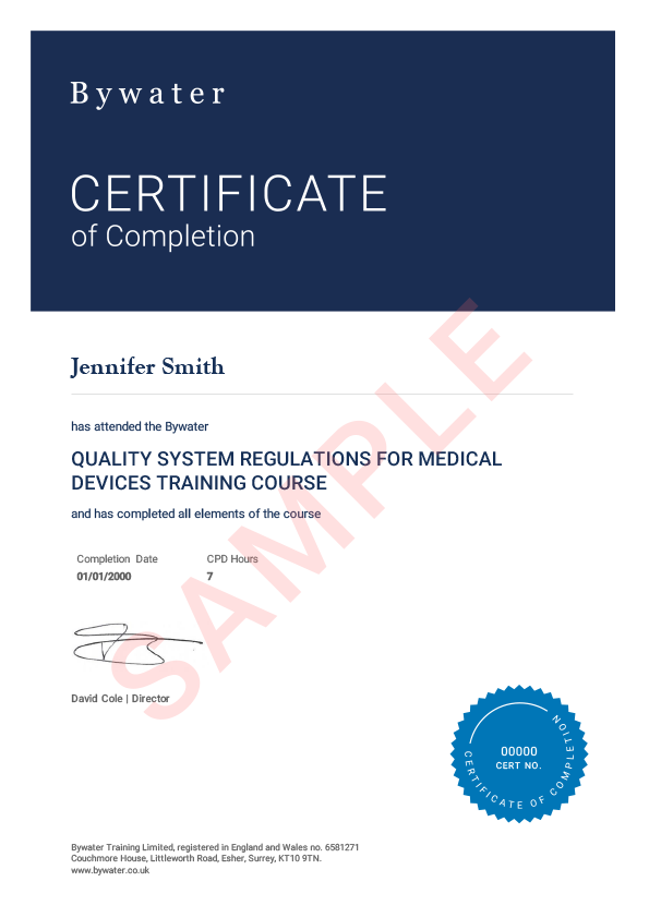 Quality System Regulations for Medical Devices Certificate